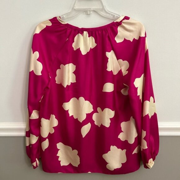 Theory Dark Pink Magenta Open V-Neck Top in Petal Print Silk Size Small - Picture 3 of 9